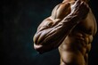 © AI Farm - Detail of a muscular arm showcasing prominent muscles and veins against a dark background, emphasizing strength and fitness.