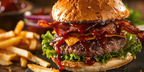 Canvas Print - Pub Style Bacon Cheeseburger with BBQ Sauce and French Fries