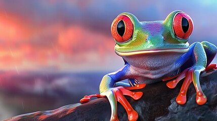 Wall Mural -   A detailed image of a frog perched on a tree limb against a blue sky and billowing white clouds