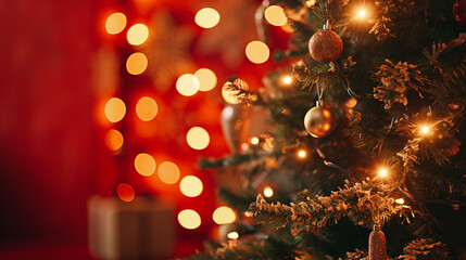 Wall Mural - portrait of a christmas tree, decorated, bokeh background, lights, copy space, Christmas