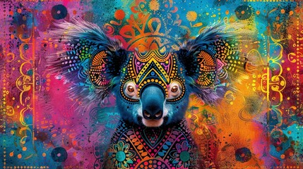 Sticker -   A vibrant depiction of a koala bear adorned with feathers on its head and intricate facial patterns