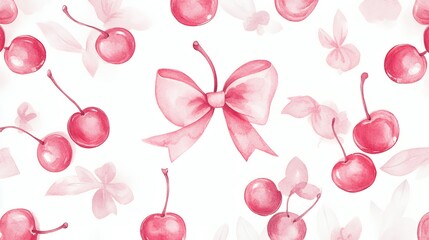 Watercolor seamless pattern with pink cherries and bow.