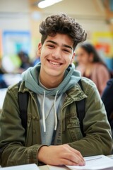 Wall Mural - A young student sits at a desk in a traditional classroom setting, focused on his studies