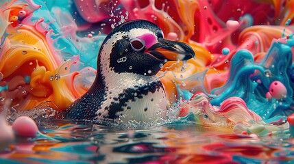   A close-up photo of a penguin swimming with vibrant bubble effects on its face and in the water