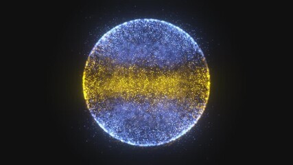 Sticker - Abstract blue-yellow looped energy sphere of particles and magical glow on dark background, video 4k