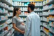 © Flash - photo of pregnant woman and doctor pharmaceutical with medicine shelf at room in clinic hospital, generative AI