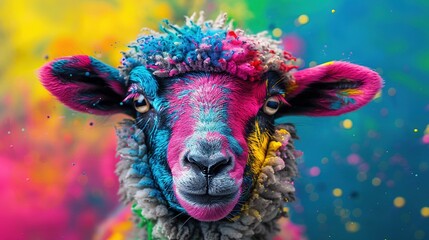 Wall Mural -   A painted sheep with a close-up face shot