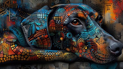 Wall Mural -   A vibrant painting of a pooch reclining on a wall, adorned with a bold pattern across its facial features and body