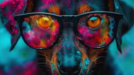 Wall Mural -   A close-up image of a dog with painted eyes, a hat on its head, and colorful paint on its face