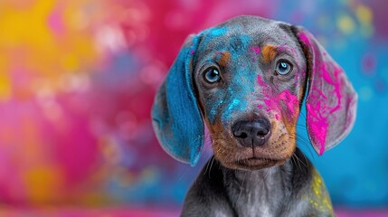 Wall Mural -   Close-up of a painted dog on a vibrant background