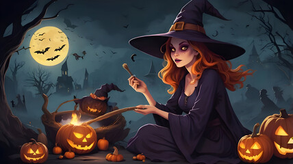 halloween pumpkin and witch