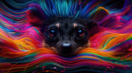 Wall Mural -   Close-up photo of a dog's face featuring colorful fur pattern