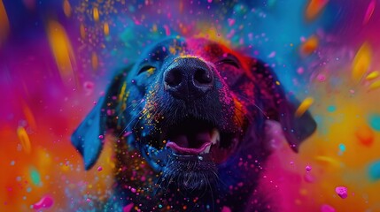   A detailed photo of a dog's face, with vibrant paint accents on its muzzle