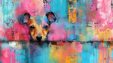 Wall Mural -   A painting depicts a dog emerging from a wooden hole with splattered paint