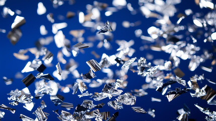 silver foil confetti scattered on a cobalt blue background, creating an festive and joyful atmosphere for the New Year's or another holiday celebration