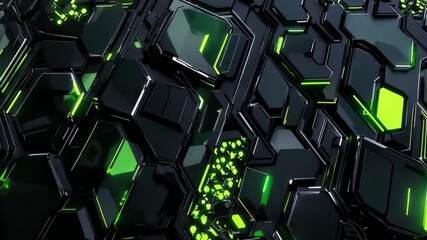 Sticker - Green lights pulsating on abstract black hexagonal surface