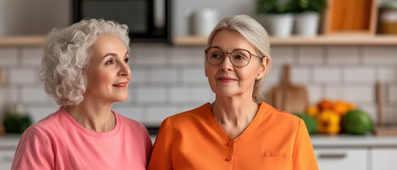 Two women in a bright kitchen, one in a pink shirt and the other in an orange top, sharing a moment of joy and connection amid a vibrant, inviting atmosphere.