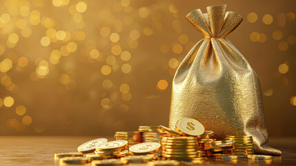 Wall Mural - Wealth and Success Concept Digital Rendering of Dollar Bag and Gold Ingot with Copy Space for Banner Design