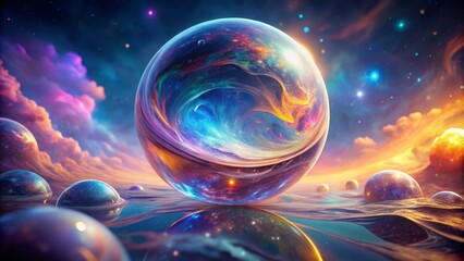 Wall Mural - Delicate, translucent sphere hovering above a nebulous, iridescent background, showcasing mesmerizing, swirling patterns and vibrant, shimmering hues in a stunning, futuristic 3D render.