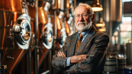 Poster - Seasoned Brewer Monitoring Operations Elderly Male in Suit Standing by Brewing Tank with Confidence