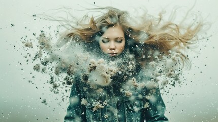 Sticker -   A woman with blowing hair amidst snowflakes