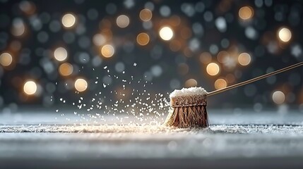 Wall Mural -   A close-up photo of a broom sweeping a surface and a blurry background with soft lighting