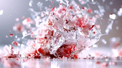 Sticker -   A bouquet of red and white flowers arranged in an ice-filled bowl on a table