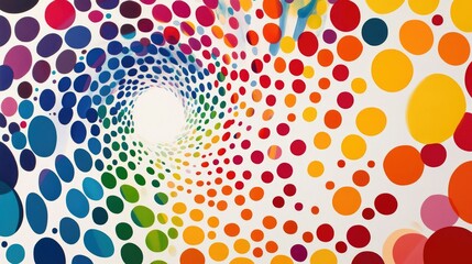 Spiraling polka dot pattern in vivid hues on a white background, creating a dynamic and playful abstract design