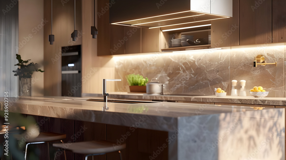 Modern Kitchen Interior Design with Marble Countertop and Wooden ...