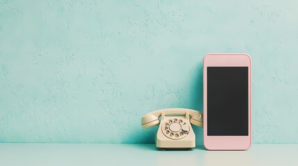 A vintage telephone and a modern smartphone on a teal background, showcasing the evolution of communication technology.