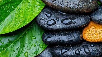 Wall Mural -   A macro shot of several pebbles adorned with droplets of water and a lush green foliage overlaid