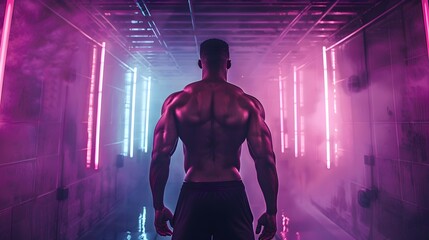 Wall Mural - Muscular Bodybuilder Training in Neon Lit Underground Gym with Vibe