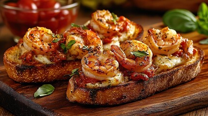 Wall Mural -   A wooden cutting board holds shrimp-topped bread slices and nearby tomatoes