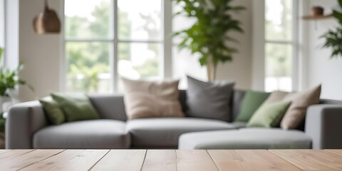 A wooden table is in the foreground with a blurred gray sofa and green plants in the background.