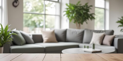 A wooden table is in the foreground with a blurred gray sofa and green plants in the background.