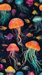 Stunning illustration of a vibrant deep-sea scene with glowing jellyfish and fish, glowing in the dark with colorful multicolor light, centered on a black background