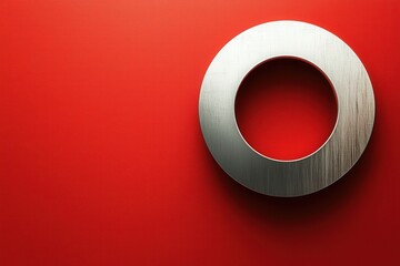 Poster - a shiny metal ring is placed on a bold red background, highlighting its shape and texture in a simpl