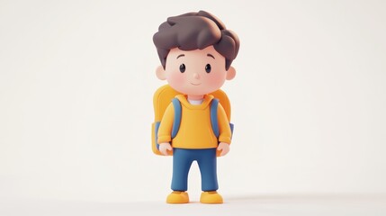 Wall Mural - Cute Cartoon Kid with Yellow Backpack on Neutral Background Smiling