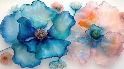   Two flowers on a white surface, blue and pink center