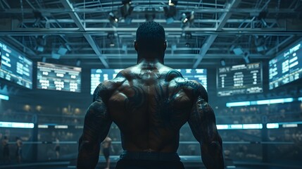 Wall Mural - Muscular Bodybuilder Competing in Futuristic Digital Arena with Holographic Scoreboards