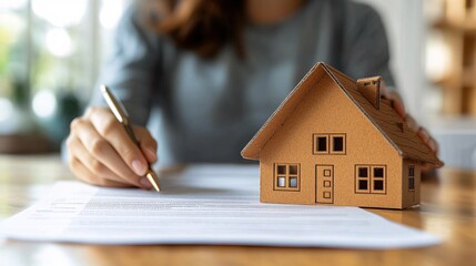 Aufkleber - A person reviewing a loan agreement with the interest rate clearly highlighted as they consider the long-term financial implications Stock Photo with copy space