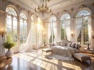 Wall Mural - Ethereal Dream in Sunlit Retreat: Light and Airy, White and Gold Accents, Intricate Lace, Floor-to-Ceiling Windows