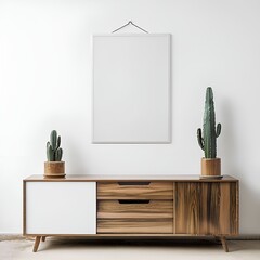 Sticker - mockup-of-an-empty-poster-frame-hanging-above-a-clean-white-living-room-wooden-sideboard-with-cactus