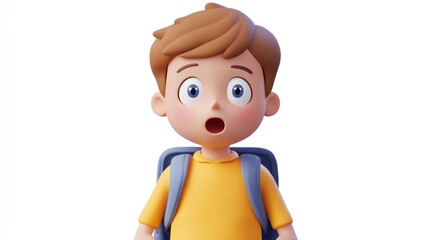 Wall Mural - Close-up of Surprised Cartoon Boy with Brown Hair and Blue Eyes, Backpack on White Background