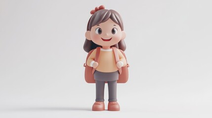 Wall Mural - Cute Cartoon Girl with Backpack on White Background Smiling Cheerful 3D Animation Artwork