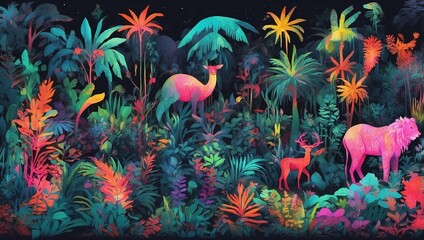 Wall Mural - Stunning illustration of a vibrant jungle with glowing plants and mythical animals, glowing in the dark with colorful multicolor light, centered on a black background