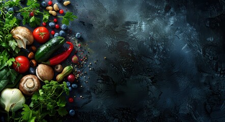 Wall Mural - Clean Eating. Healthy Food Selection of Vegetables, Fruits, Nuts, and Berries on Black Background