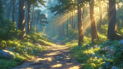 Canvas Print - Forest Path Sunlight Illustration