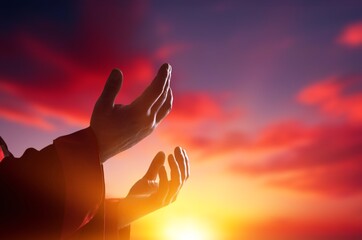 Wall Mural - Muslim prayer praying hands open at sunset