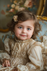 Canvas Print - A little girl in a white dress sitting on a blue chair